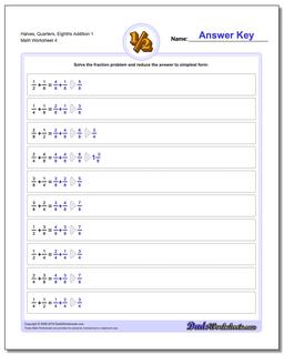 Halves, Quarters, Eighths Addition Worksheet 1