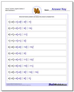 Halves, Quarters, Eighths Addition Worksheet 3