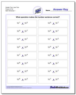 Greater Than and Less Than Worksheet Powers of Ten
