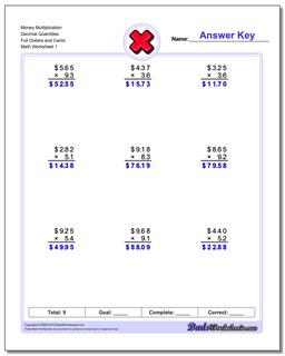 Multiplication Worksheet Money Decimal Quantities Full Dollars and Cents