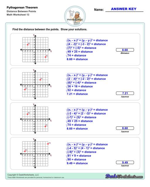 Pythagorean Theorem Distance Between Two Points Worksheets