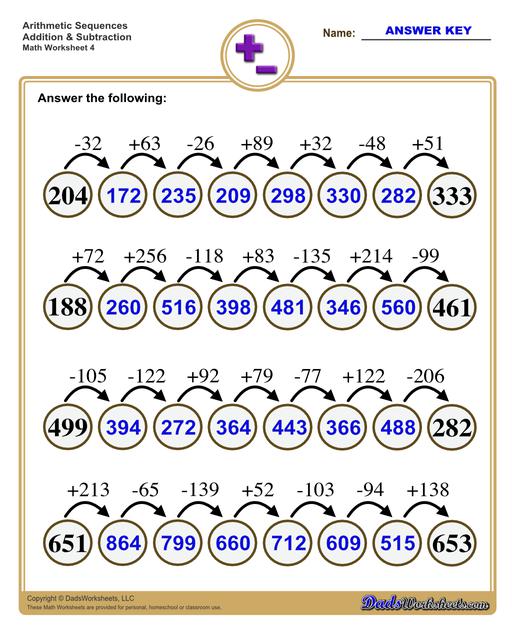 Addition and Subtraction Sequence Worksheets