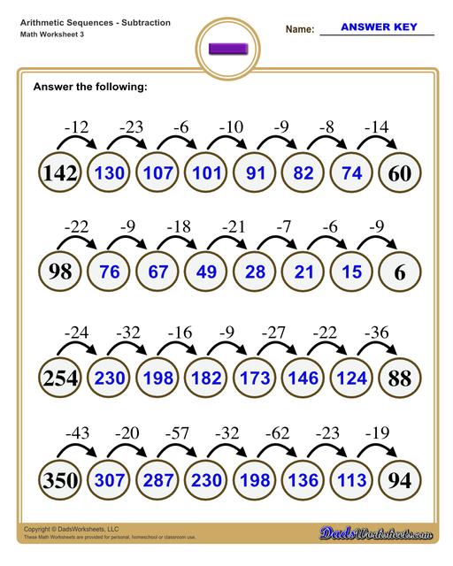 Subtraction Sequence Worksheets