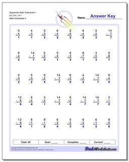 Spaceship Math Subtraction Worksheet I 6-2, 6-4, 14-7
